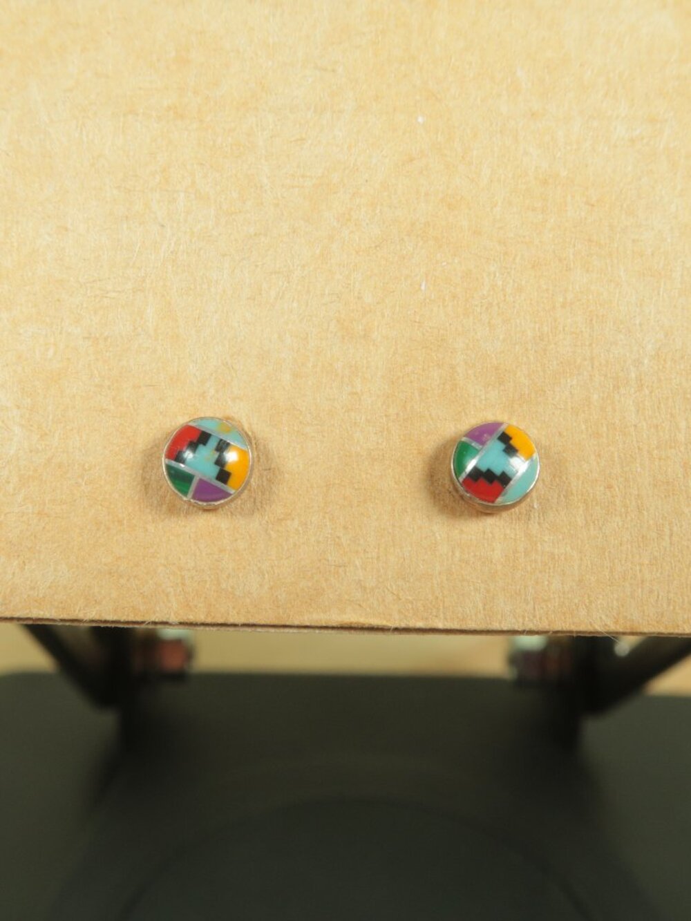 Southwest Inlay 925 Sterling Silver Stud Earrings Turquoise Malachite Coral